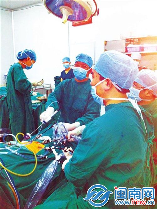 许燕常医生(中)正在为病人实施腹腔镜手术