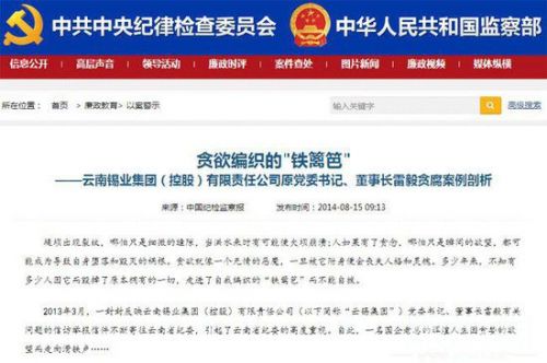 中纪委网站截图 首度披露雷毅案内情