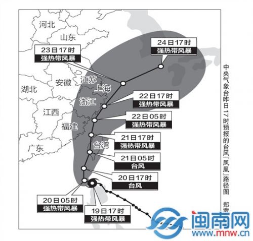 中央气象台昨日17时预报的台风“凤凰”路径图 郑蒙制图
