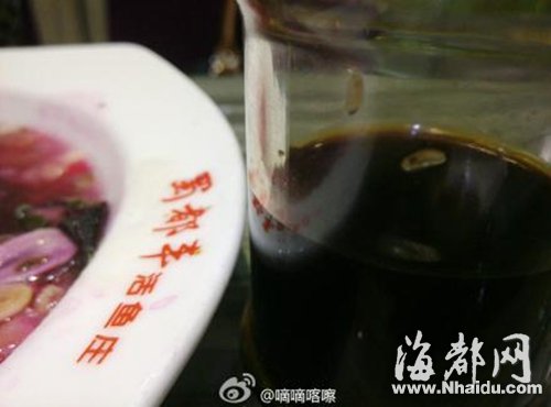 蜀都丰活鱼庄的醋瓶中，有类似蛆虫的东西在蠕动(网友供图)