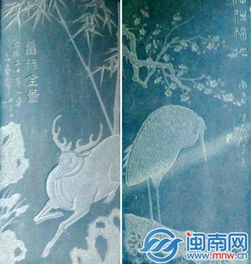 被盗的“福禄全图”石雕（左）和“福仙福地”石雕（右）