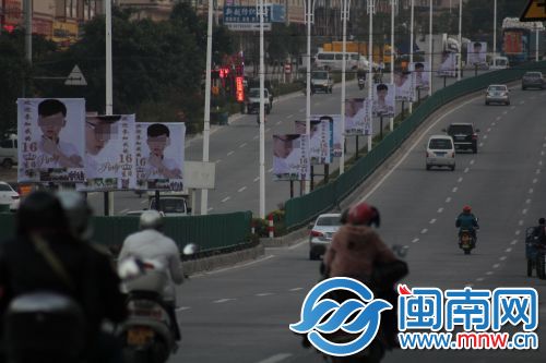 庆生广告牌在路中绿化带上一字排开