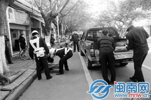 大通北路，停车位被摆了石条。交警正在清理