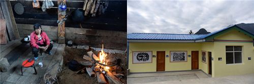 高德荣的帮扶对象肯阿勇家的旧房（左）和新房（右）。新华社发布客户端记者 胡超