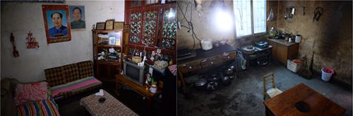 高德荣在贡山县居住时使用的客厅（左）和厨房（右）。新华社发布客户端记者 胡超
