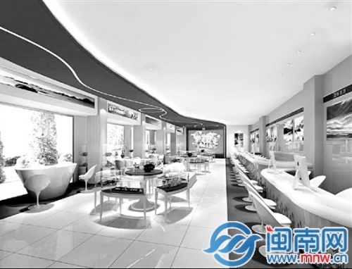 中心内装修效果图，采用蓝白两色为主色，象征蓝天白云
