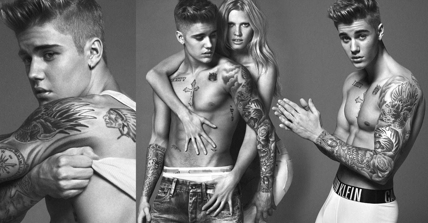 贾斯汀比伯CK内裤大片秀结实肌肉 与女模贴身肉搏挑逗摸胸