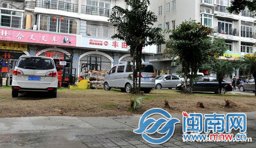 晉安區(qū)興元星辰小區(qū)旁多輛車子橫七豎八地停放在綠化帶上