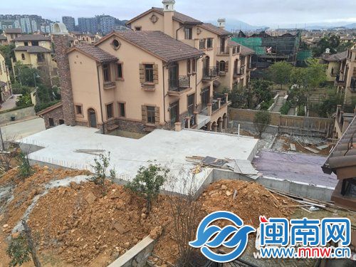 两栋别墅间加盖水泥平层，大面积公共绿地被毁