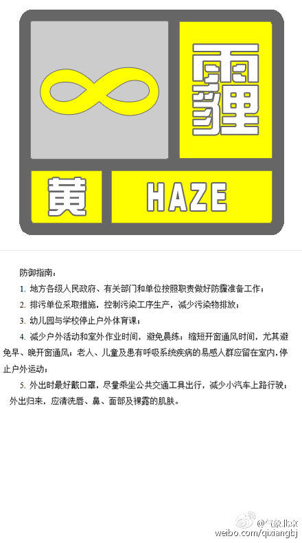北京发布霾黄色预警 6日平原地区有轻度到中度霾