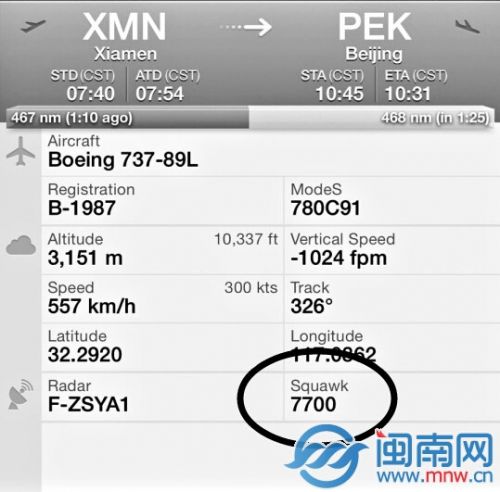 CA1802航班挂出7700代码（画圈处），是指遇到特殊紧急情况