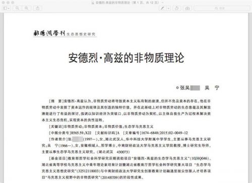 18岁的张某写就的论文《安德烈·高兹的非物质理论》