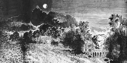 邱祥锐水墨画作品《鼓浪听涛》，画家将一轮挂在鼓浪屿上空的月亮“带”到米兰。