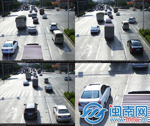 图中的白色小型客车占用左转车道直行，即使路口直行、左转信号灯均为绿灯，仍违规
