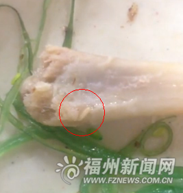 视频截图，凤爪上的蛆虫（圆圈处）