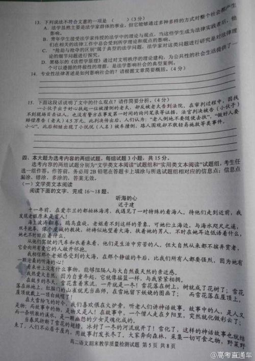 2015广东河源高二期末统考语文试题及参考答案公布5