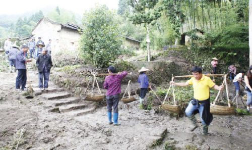 雨后，和春村村民忙着清扫古树周边的环境