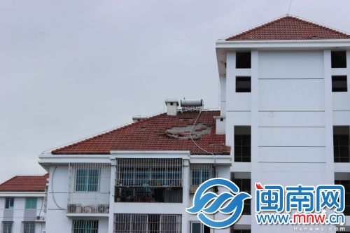 鹤林新城小区，多栋20多层的高楼楼顶琉璃瓦脱落（箭头所示），风一刮就容易掉落