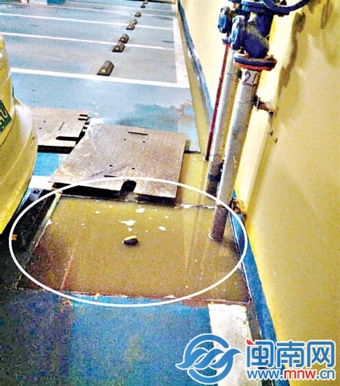 没盖好的污水井就在方女士车后，污水已经溢到地面