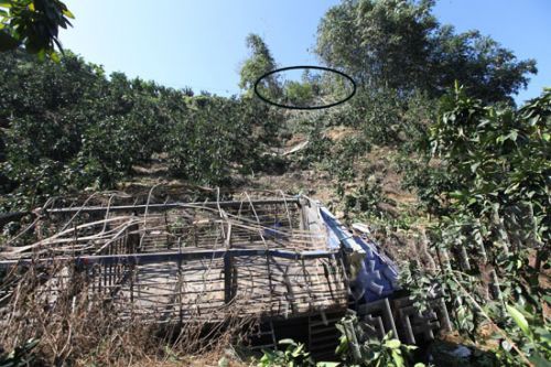 货车冲到坡底，离跌落点（画圈处）近30米