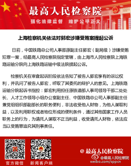 上海检察机关依法对郭宏涉嫌受贿案提起公诉