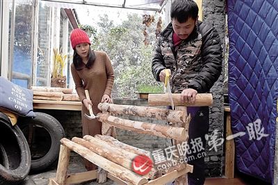 　　▲李顺在为女友手工制作原木凳子