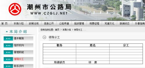 潮州市公路局官网上，领导分工栏目仅剩一位领导，其他均为空白。