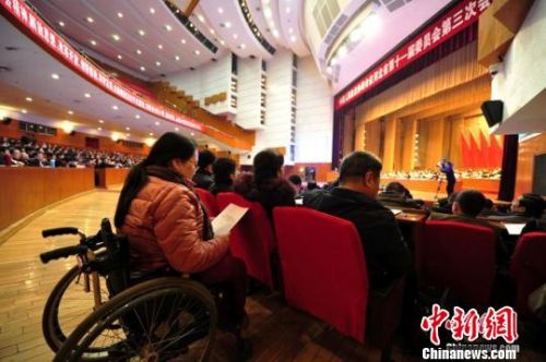 资料图:2015年1月7日,河北“两会”率先启幕。图为残疾人委员认真听取报告。 中新社发翟羽佳摄