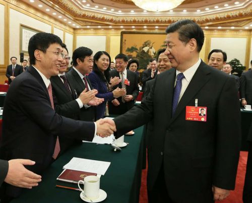 3月7日上午，中共中央总书记、国家主席、中央军委主席习近平来到十二届全国人大四次会议黑龙江代表团参加审议。