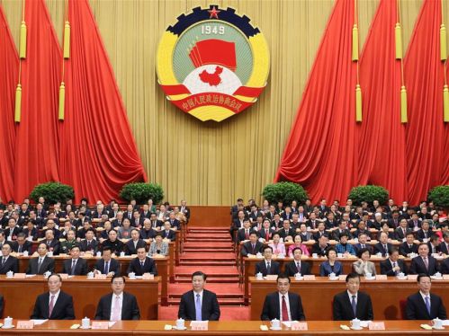 　3月14日，中国人民政治协商会议第十二届全国委员会第四次会议在北京闭幕。这是习近平、李克强、张德江、刘云山、王岐山、张高丽等在主席台就座。新华社记者兰红光摄