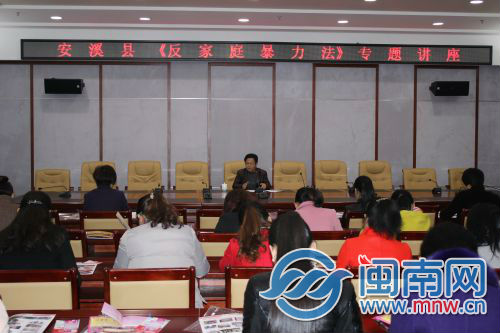 图为妇女群众观看反家庭暴力法宣传展板