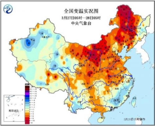 3月28日，中国气象台发布近日天气预报：28日中东部大部分地区升温明显，部分达到10℃以上。预计未来三天（29至31日），除受降水影响的区域外，我国中东其他大部分地区气温仍将持续回升。