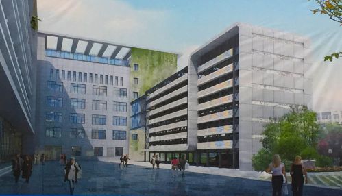 福州市民服务中心的立体停车场（图中右侧）共八层，有一百六十多个车位（效果图）