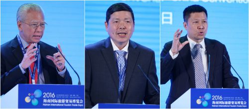 在海南省会展业创新发展高峰论坛上，来自新加坡、台湾和澳门的会展专家（从左至右）廖俊生、叶明水、何海明做主题发言，为海南的发展出谋划策