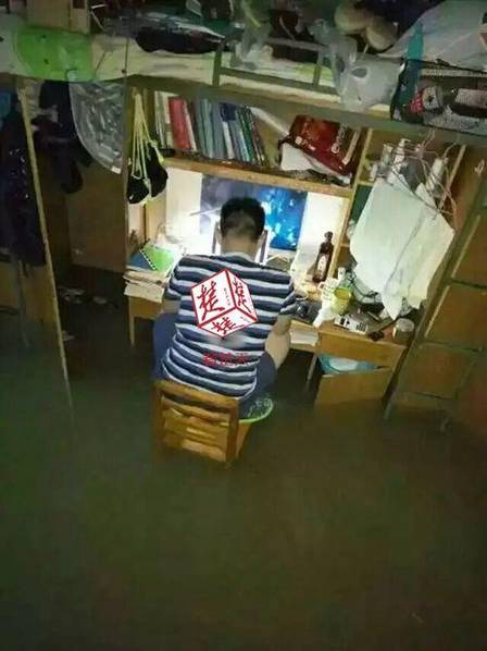 武汉学霸大水中蹲椅子上复习 网友：佩服佩服（图）