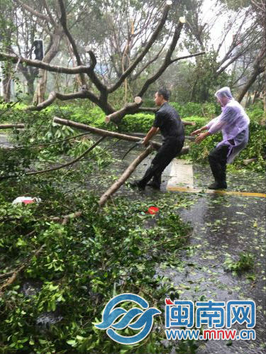 工作人员冒雨清路障