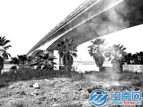 刺桐大桥下焚烧杂物，烟雾飘散到桥上，还有刺鼻的味道