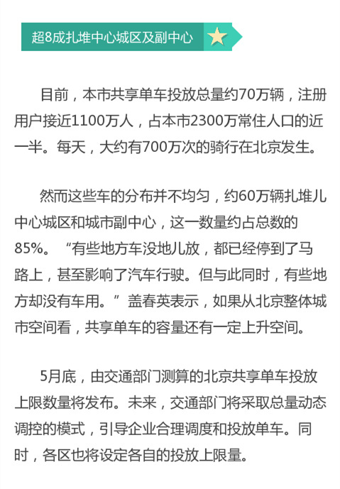 北京共享单车投放上限下月发布：目前70万辆仍未触顶