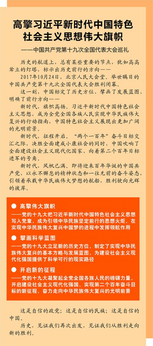 　　图表：高擎习近平新时代中国特色社会主义思想伟大旗帜——中国共产党第十九次全国代表大会巡礼  新华社记者 卢哲 编制