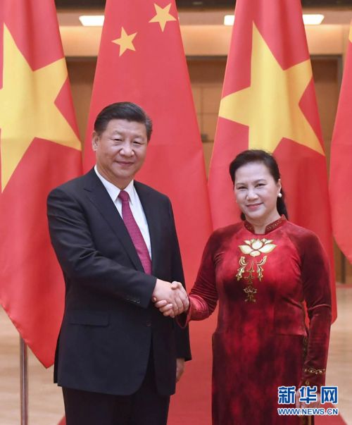 11月12日，中共中央总书记、国家主席习近平在河内会见越南国会主席阮氏金银。 新华社记者 张铎 摄