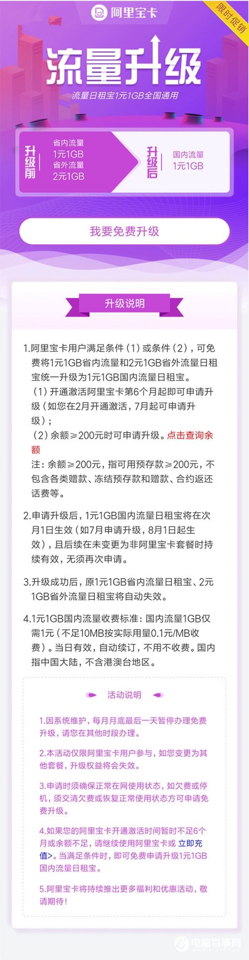 阿里宝卡套餐流量免费升级：流量日租宝1元1GB全国通用