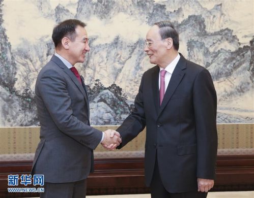 4月1日，国家副主席王岐山在北京中南海会见蒙古国外长朝格特巴特尔。 新华社记者姚大伟 摄