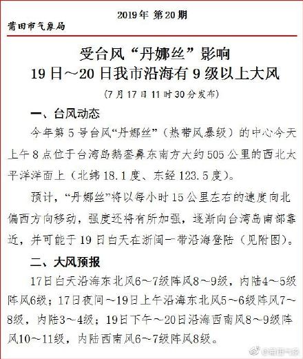 受台风&ldquo;丹娜丝&rdquo;影响 19日～20日我市沿海有9级以上大风。