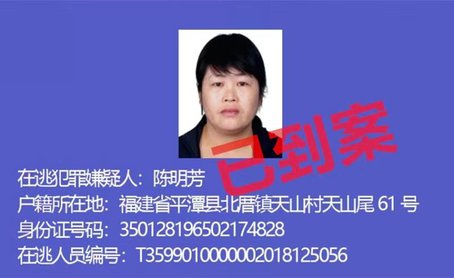 平潭警方抓获被公开通缉的在逃犯罪嫌疑人陈明芳