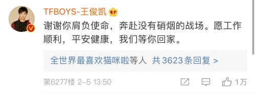 王俊凯站姐奔赴武汉支援抗疫 获偶像留言鼓励