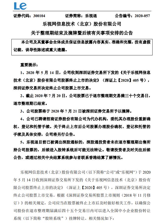 乐视被正式摘牌 市值缩水1600多亿股价不到两毛