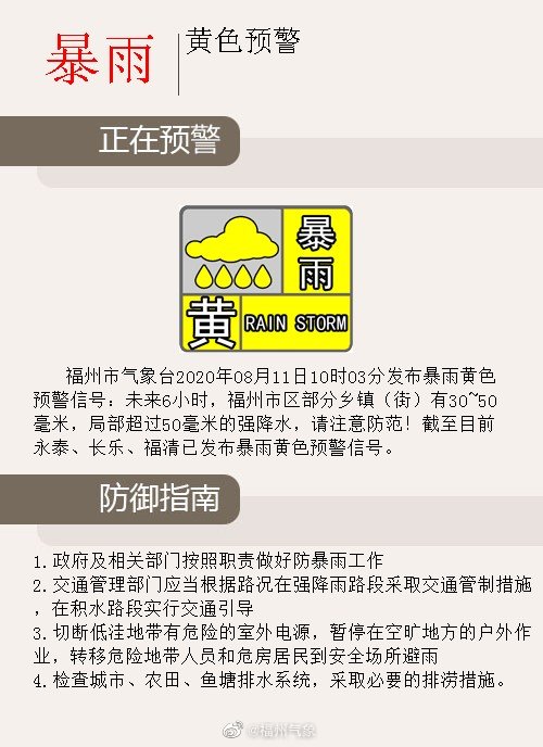 福州发布暴雨黄色预警信号 局部有超过50毫米强降水