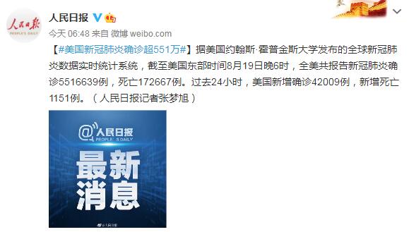 8月20日美国疫情最新消息情况：美国新冠肺炎确诊超551万例
