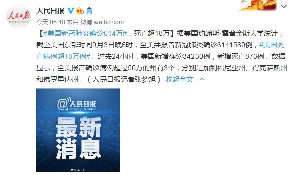 9月4日美国疫情最新消息情况：新冠肺炎确诊614万死亡超18万
