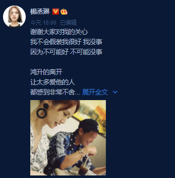 杨丞琳再写长文悼念黄鸿升：我不可能没事